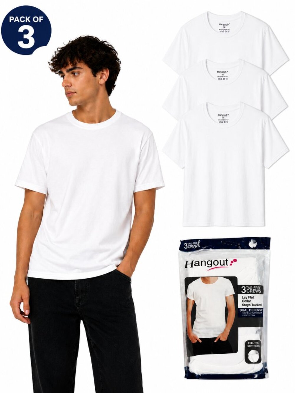 Hangout Men's Pack of 3 White Crew Neck T-Shirts, Plain Basic Short Sleeve S-2XL